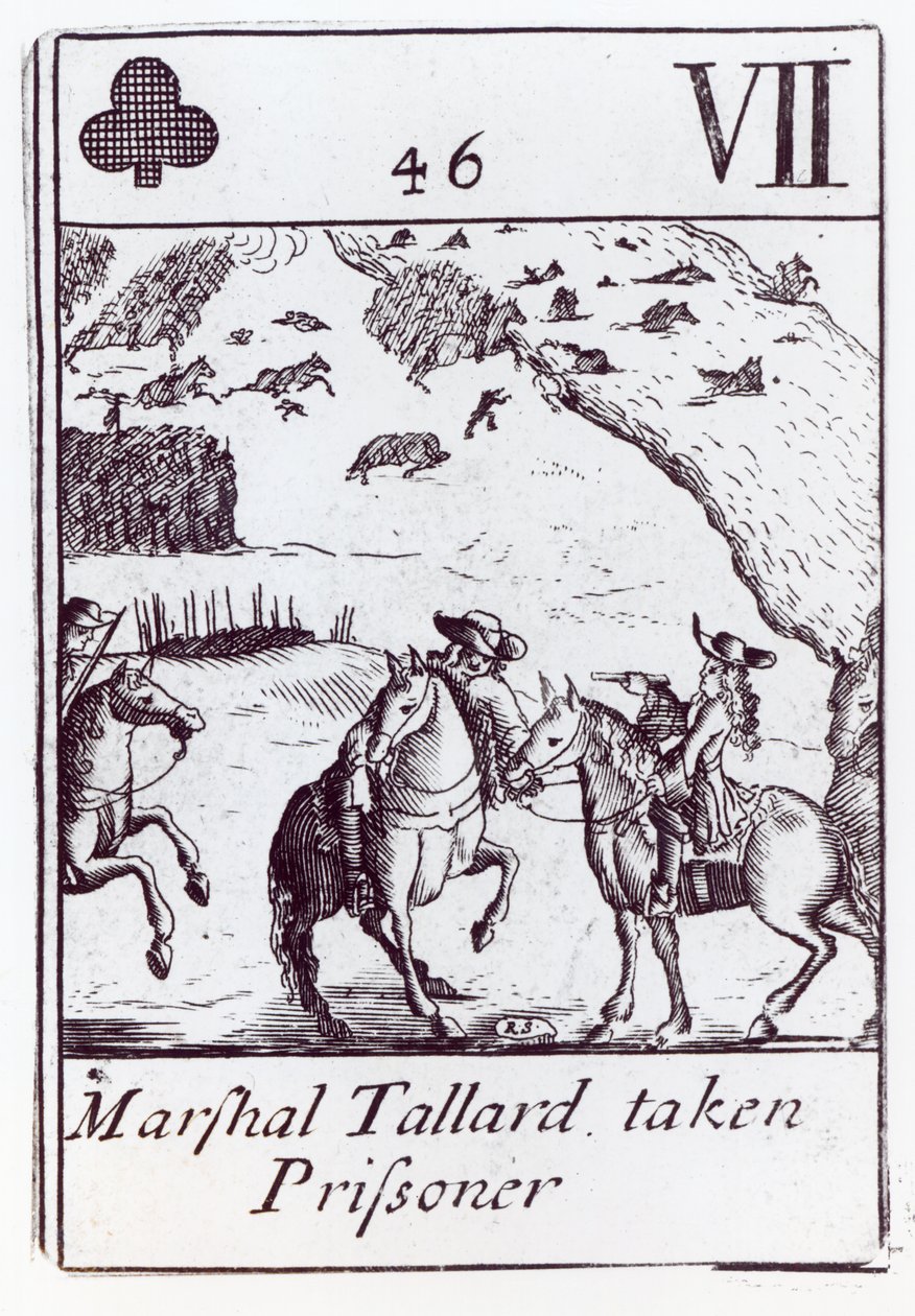 Marsalkka Tallard otti vangin, seitsemän seuran pelikorttia Espanjan peräkkäissodan (1702-13) muistosarjasta. tekijältä Robert Spofforth