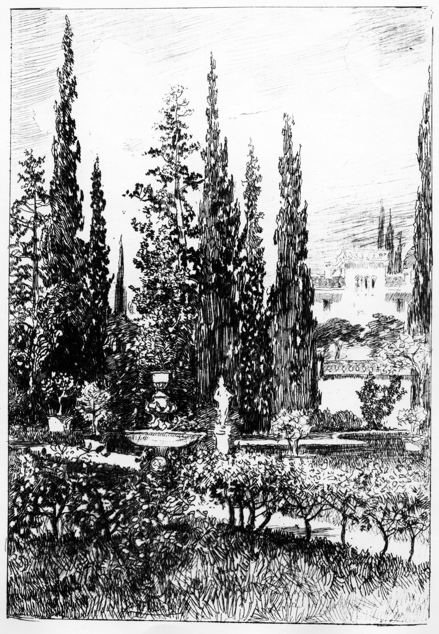 Maisemapuutarha, kuvitus Edgar Allan Poen tarinaan, n. 1884 tekijältä Robert Swain Gifford