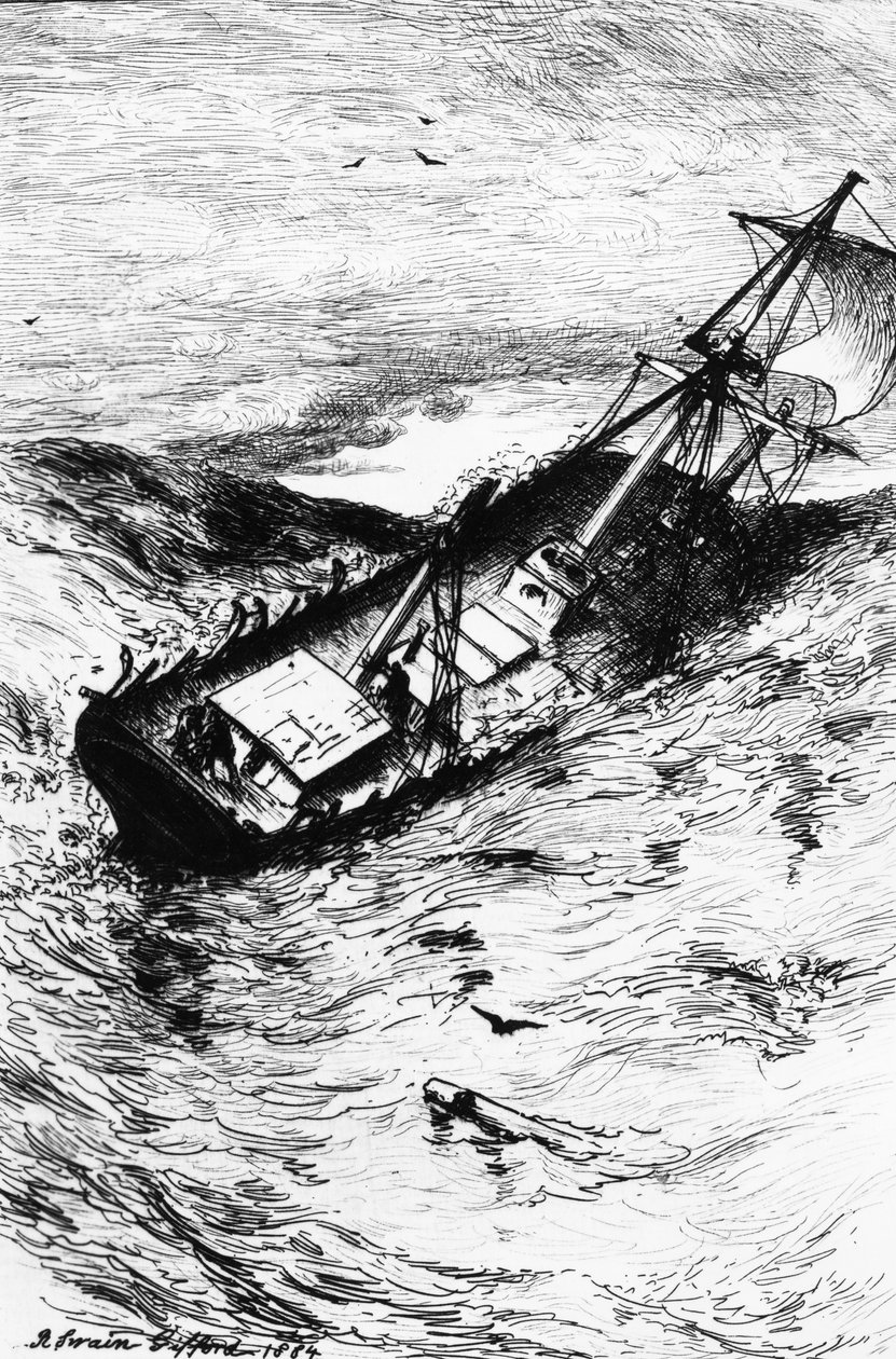 Grampuksen hylky, kuvitus Edgar Allan Poen teoksesta The Narrative of Arthur Gordon Pym of Nantucket, 1884 tekijältä Robert Swain Gifford
