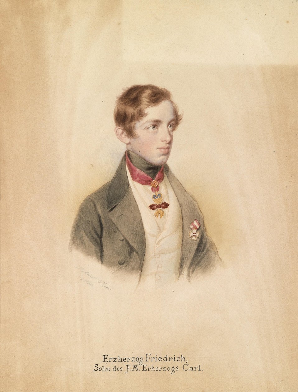Portrait des Erzherzogs Friedrich Ferdinand Leopold von Österreich (1821-1847) mit dem Orden vom Goldenen Vlies und dem Ritterkreuz des Militär-Maria Theresien-Ordens tekijältä Robert Theer