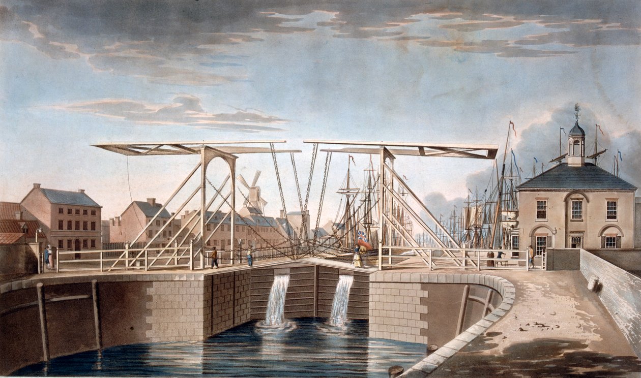 Bascule Bridge ja New Docks Kingston-upon-Hullissa, Yorkshiressa, 1786 (värillinen akvatinta) tekijältä Robert Thew