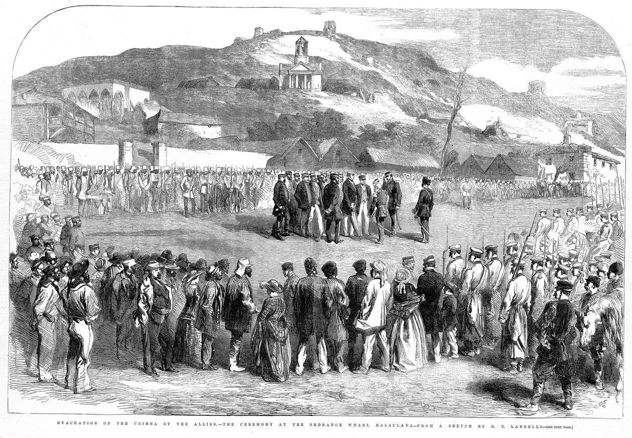 Liittoutuneiden suorittama Krimin evakuointi, seremonia Ordinance Wharfissa Balaclavassa, Illustrated London News, 30. elokuuta 1856 tekijältä Robert Thomas Landells
