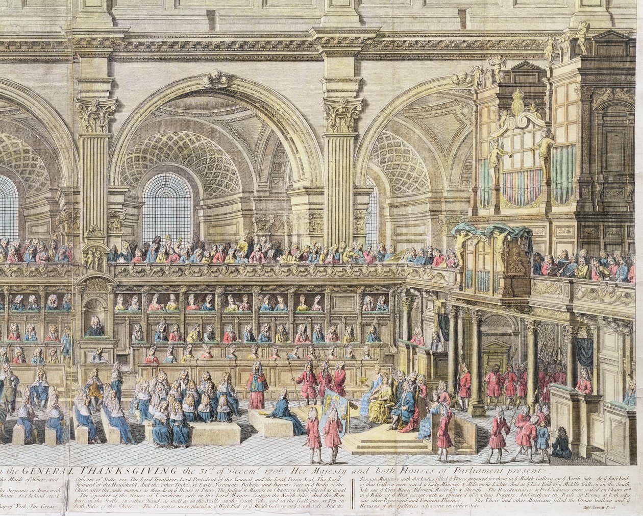Pyhän Paavalin katedraalikirkon kuoron näkymä yleisenä kiitospäivänä 31. joulukuuta 1706. Hänen majesteettinsa ja molemmat parlamenttihuoneet läsnä (käsinvärinen kaiverrus) (yksityiskohta) tekijältä Robert Trevett