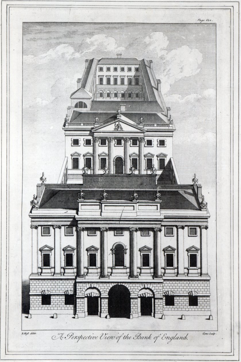 Perspektiivikuva Englannin keskuspankista, kaivertanut William Henry Toms, 1739 tekijältä Robert West