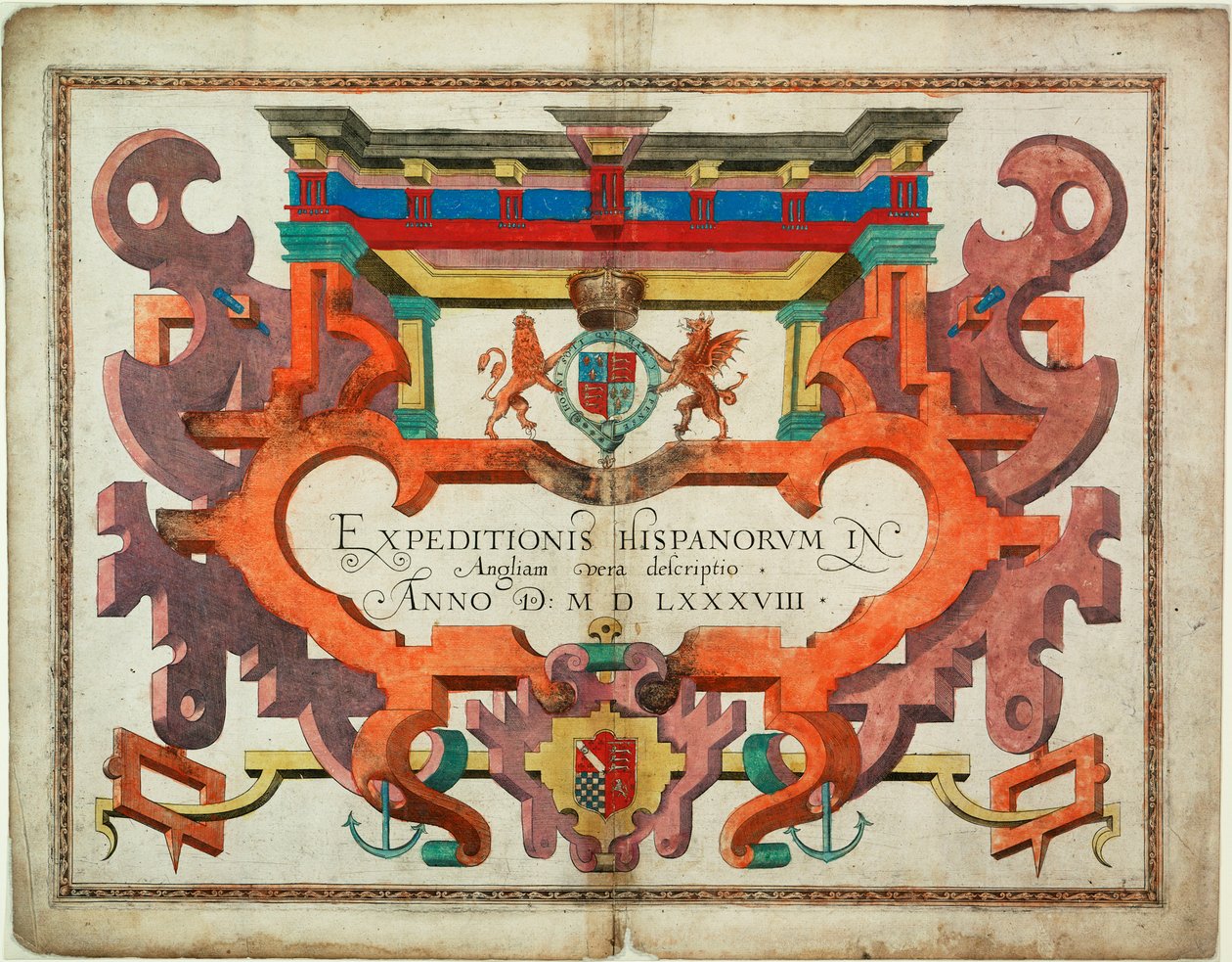 Otsikkosivu teokseen "Expeditionis Hispanorum in Angliam vera descriptio anno domini MDLXXXVIII". tekijältä Robert (after) Adams