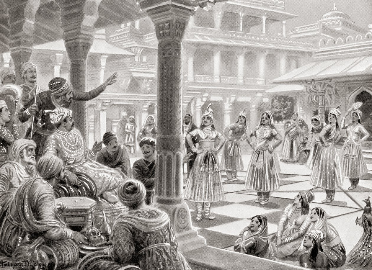 Akbar soittaa pachisia tai chaupuria live-kappaleiden kanssa Fatehpur Sikrissä vuonna 1575, Hutchinsonin Kansakuntien historiasta, pub.1915 tekijältä Robert (after) Dudley