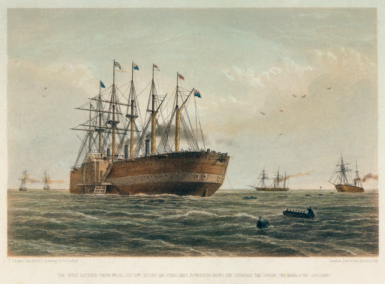 Great Eastern -laiva matkalla, noin 1860 (värillinen litografia). tekijältä Robert (after) Dudley