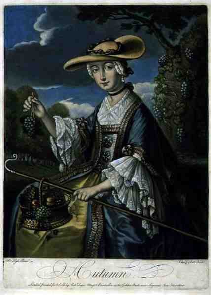 Autumn, kaiverrus C. Corbutt (Richard Purcell) (fl.1746-66), pub. kirjoittanut Robert Sayer, n. 1760 (mezzotint-kaiverrus) (katso myös 125559-61) tekijältä Robert (after) Pyle
