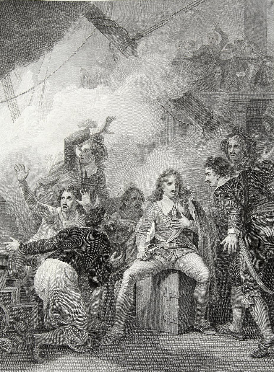 Earl Sandwich kieltäytyi jättämästä laivaansa palaessaan Sole Bayn taistelussa, kaivertanut W. Byrne, kuvitus David Humen "Englannin historiasta", pub. kirjoittanut R. Bowyer, Lontoo tekijältä Robert (after) Smirke