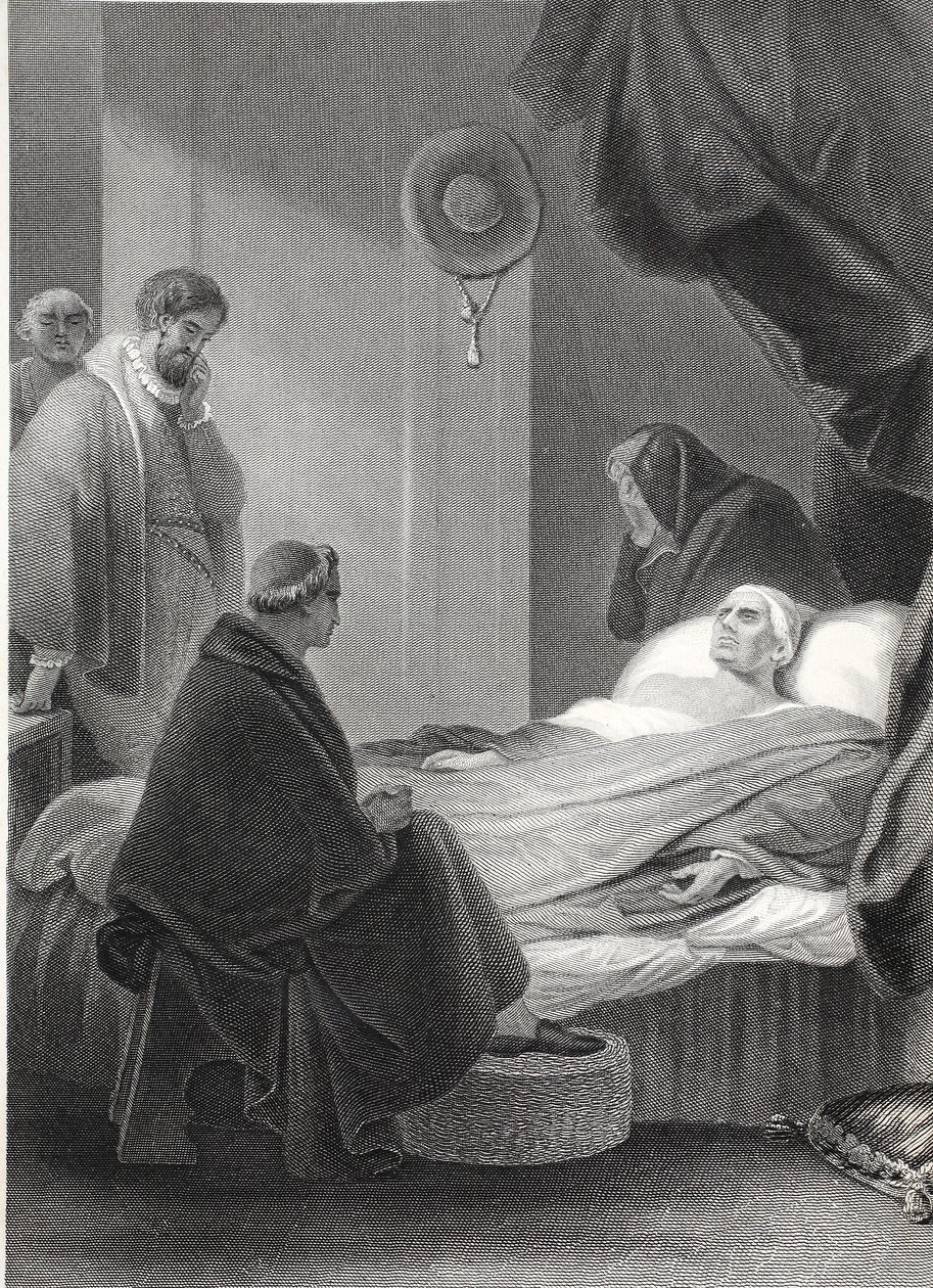 Kardinaali Wolseyn kuolema, kaiverrus A.H. Payne (litho) tekijältä Robert (after) Smirke