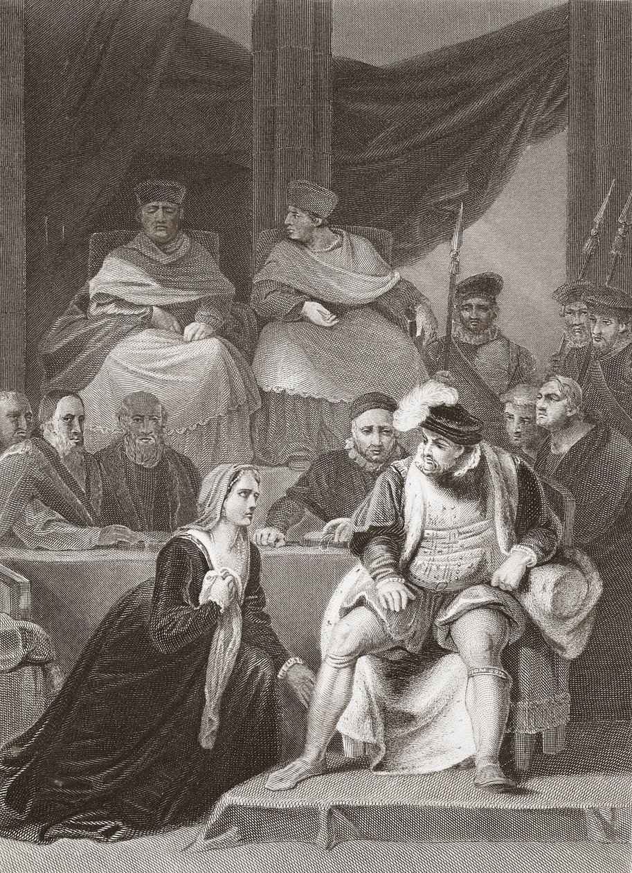 Henry VIII:n avioliiton oikeudenkäynti, kaiverrus A.H. Payne (litho) tekijältä Robert (after) Smirke
