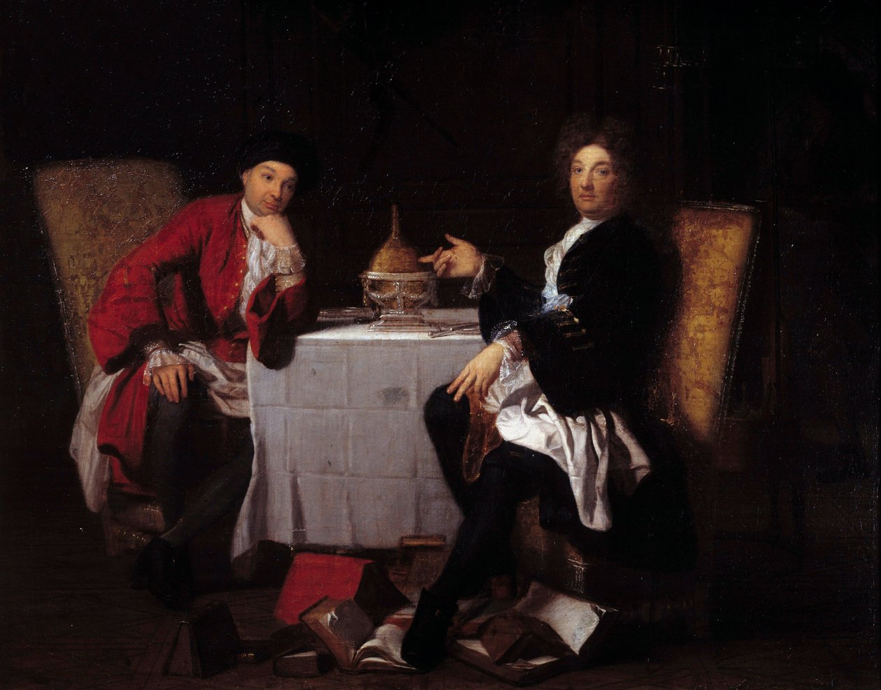 Kaksi epikurolaista Kaksi filosofia puhumassa pöydälle. Robert Tournieresin (1668-1752) maalaus 1700-luvun Caen, musee des Beaux Arts tekijältä Robert (attr. to) Tournieres