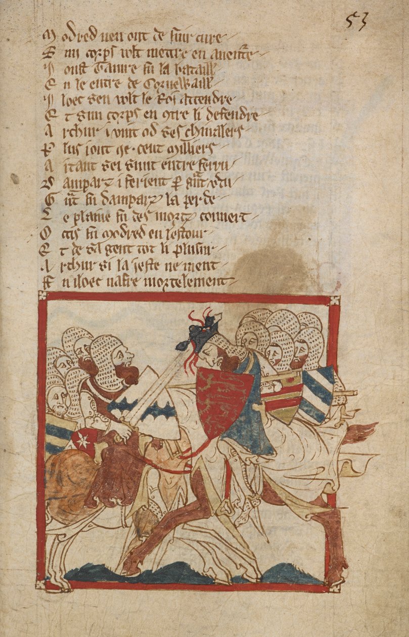 Arthur Mortally Wounded, kuvitus teoksesta "Romansseja ranskalaisissa säkeissä...", kirjoittanut Wacen kaanon (Wace of Bayeux) tekijältä Robert (c.1110 74) Wace