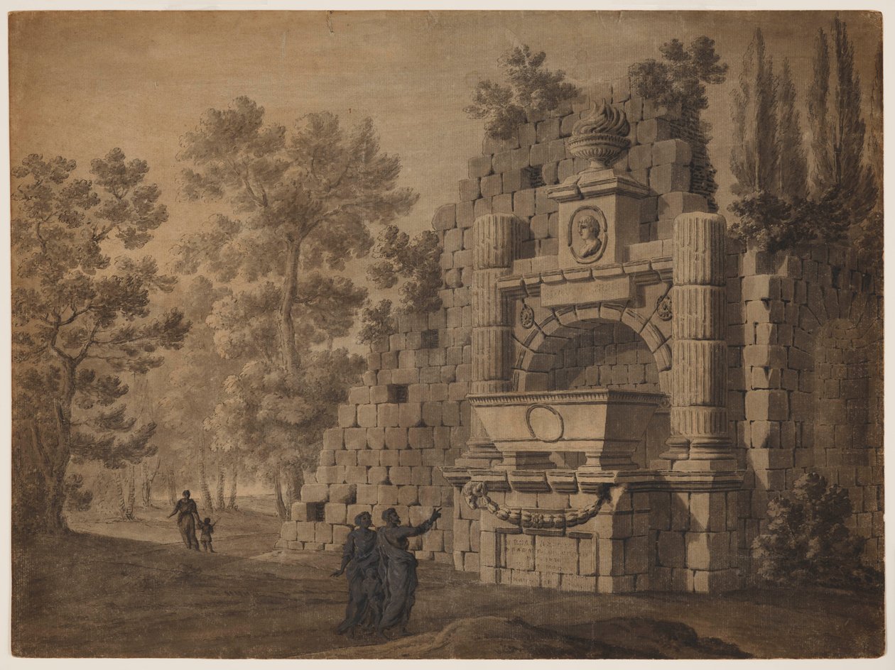 Capriccio, jossa antiikin hahmoja raunioituneen klassisen monumentin keskellä tekijältä Robert Adam