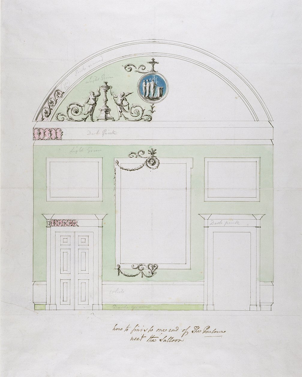 Suunnittelu ruokasalin päätyseinään, Headfort House (kynä ja musta muste grafiitin päällä wc:llä paperille) tekijältä Robert Adam