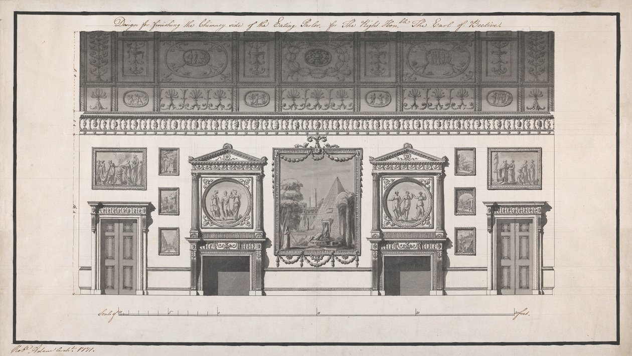 Headfort House, ruokailuhuone, savupiipun puoli (kynä ja musta muste ja pese kynällä paperille) tekijältä Robert Adam