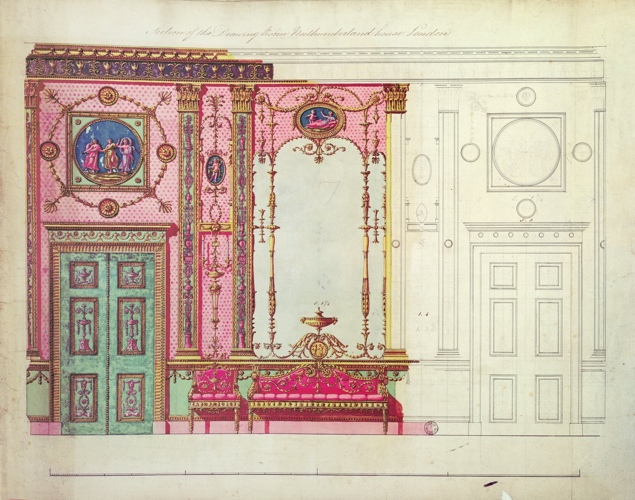 Drawing Roomin osa, Northumberland House, Lontoo; Suunnittelu päätyseinään (kynä, muste ja wc) tekijältä Robert Adam