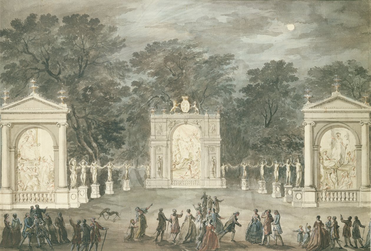 Valot Buckingham Housessa kuningas George III:n syntymäpäivänä 4. kesäkuuta 1783 (kynä ja muste ja wc paperilla) tekijältä Robert Adam