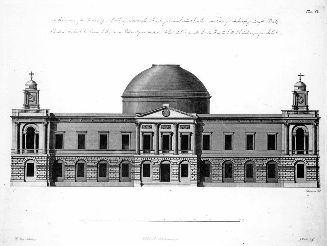 The South Elevation of Register House, Edinburgh, kaiverrus J. Roberts, 1773 tekijältä Robert Adam