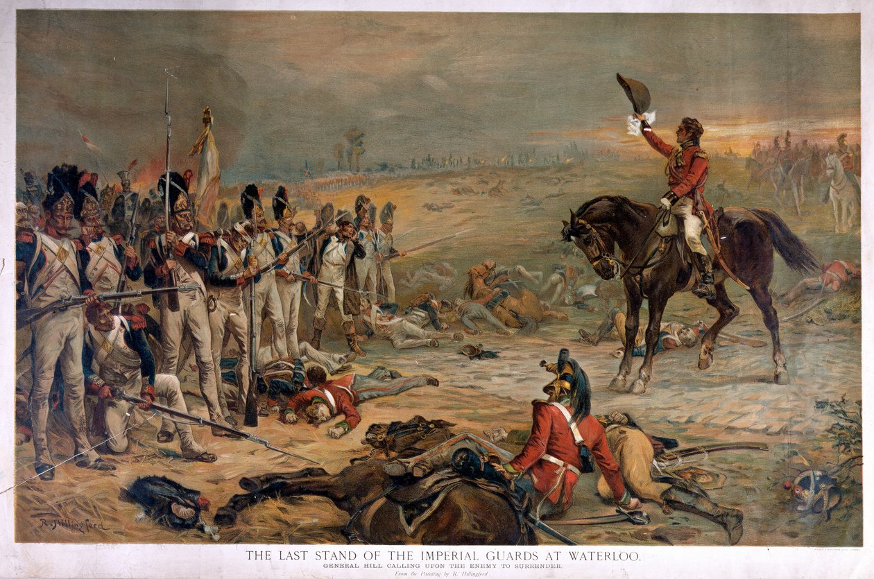 Keisarillisten vartijoiden viimeinen osaston Waterloossa vuonna 1815 (chromolitho) tekijältä Robert Alexander Hillingford