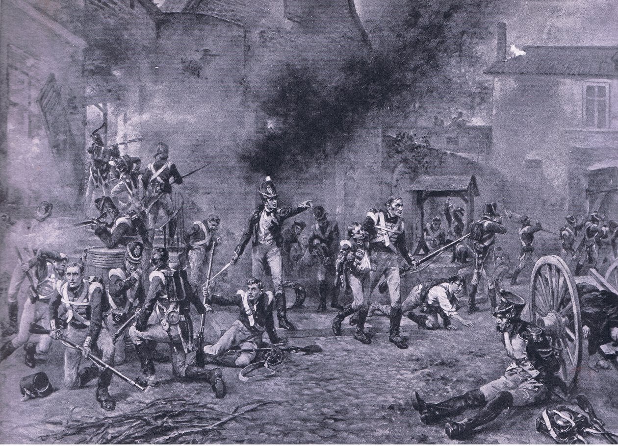 Hougoumontin puolustus 18. kesäkuuta 1815, kuva brittiläisistä taisteluista maalla ja merellä, 1915 tekijältä Robert Alexander Hillingford