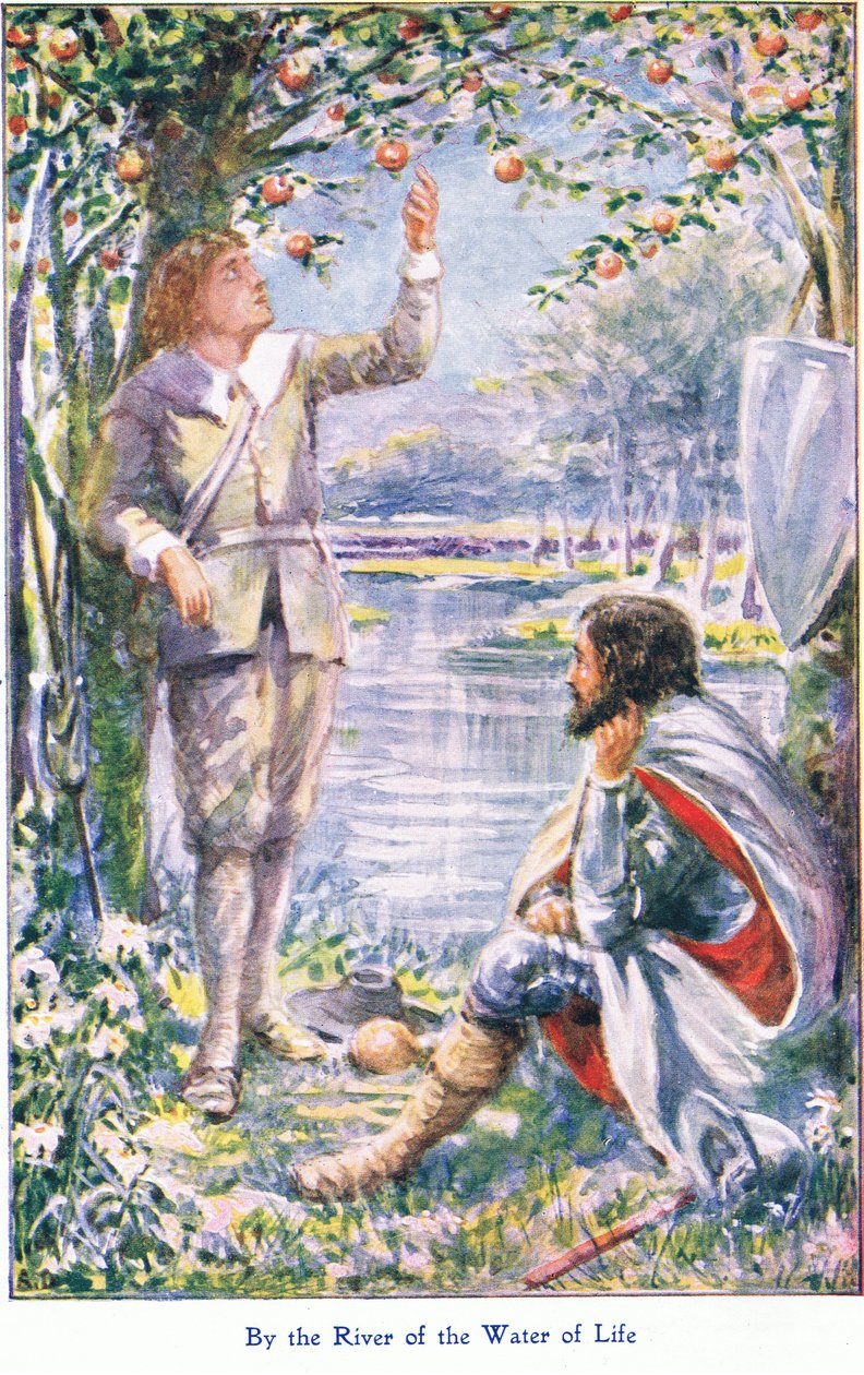 By the River of the Water of Life, John F Shaw & Co:n julkaisemasta The Pilgrims Progressista, noin 1900-luku (värilitho) tekijältä Robert Ambrose Dudley