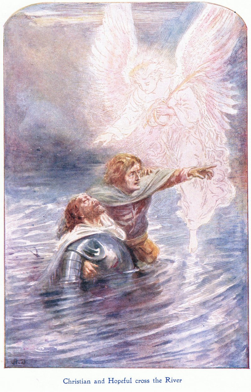 Christian and Hopeful ylittää joen, John F Shaw & Co:n julkaisemasta The Pilgrims Progressista, noin 1900-luku (värilitho) tekijältä Robert Ambrose Dudley