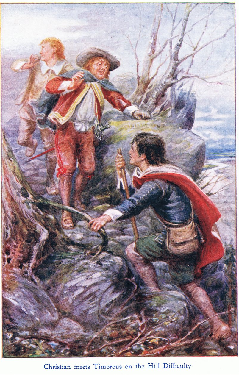 Christian tapaa Timorousin vaikeuskukkulalla, John F Shaw & Co:n julkaisemasta The Pilgrims Progressista, noin 1900-luvulla (värilitho) tekijältä Robert Ambrose Dudley