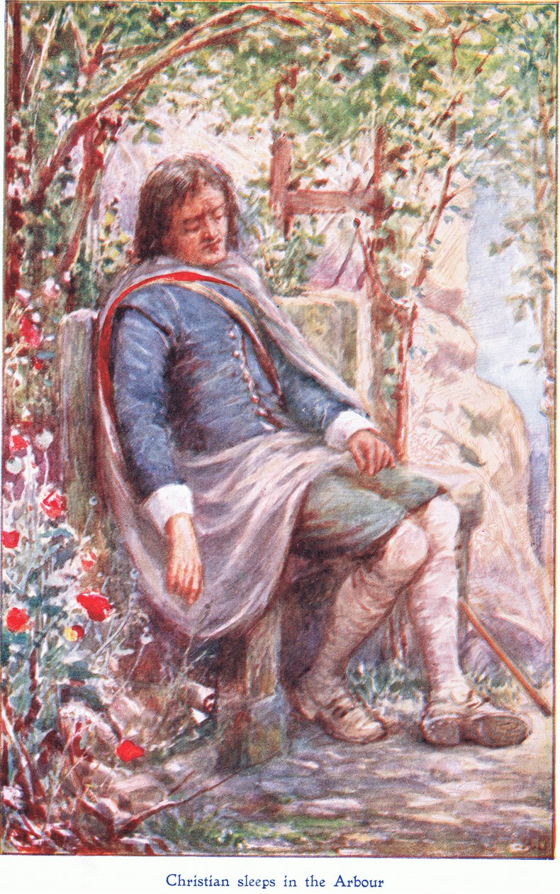 Christian nukkuu lehtimajassa, John F Shaw & Co:n julkaisemasta The Pilgrims Progressista, n. 1900-luku (värilitho) tekijältä Robert Ambrose Dudley