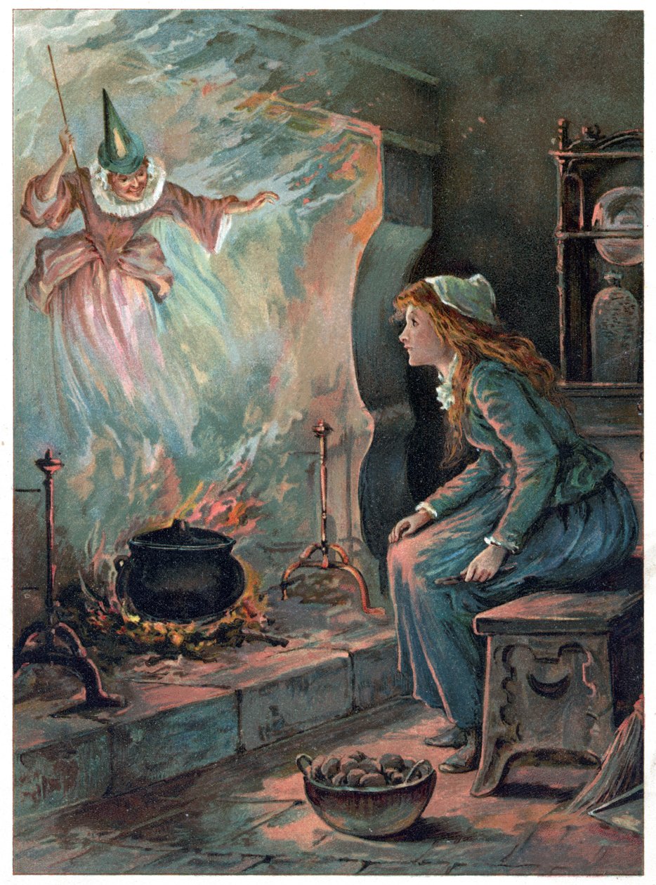 Cinderella and the Fairy Godmother, kuvitus "Once Upon a Time" -julkaisusta, kustantaja Ernest Mister, n. 1900 (värilitho) tekijältä Robert Ambrose Dudley
