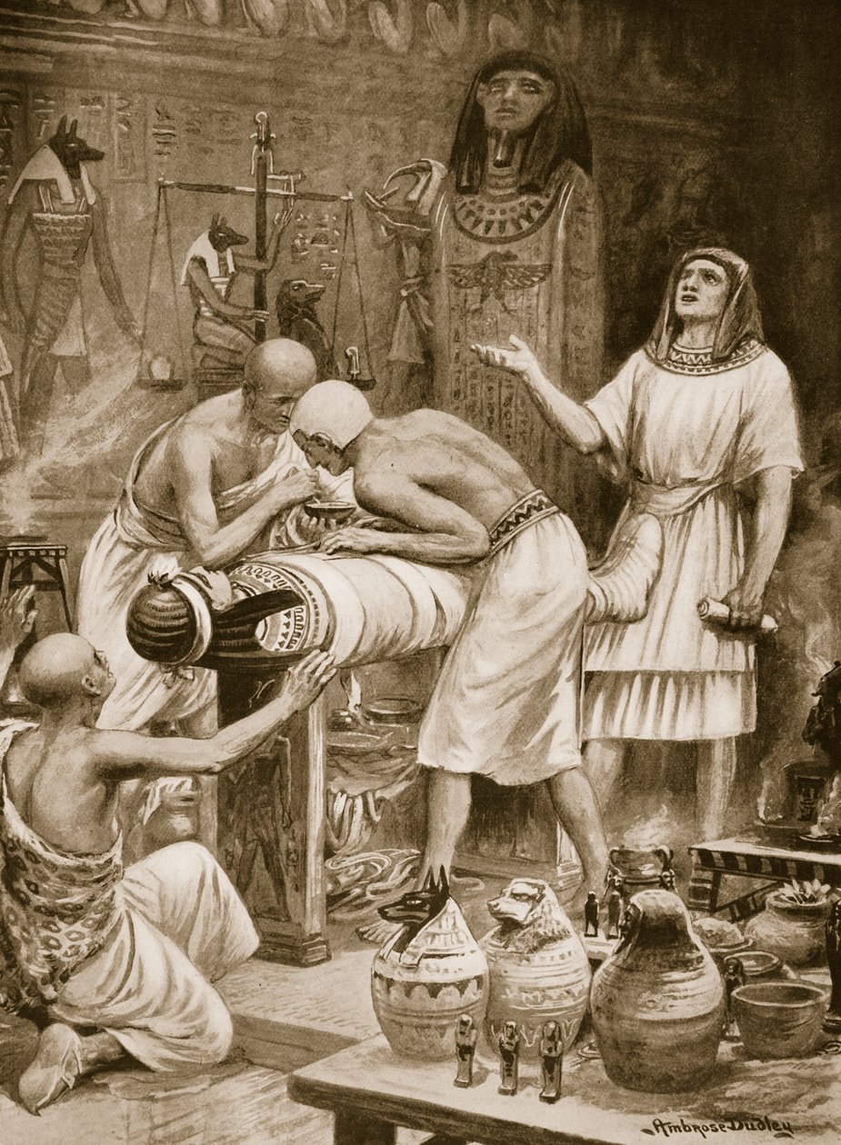 Balsaming the Dead, kuvitus teoksesta "Hutchinsons History of the Nations", n. 1910 (litho) tekijältä Robert Ambrose Dudley
