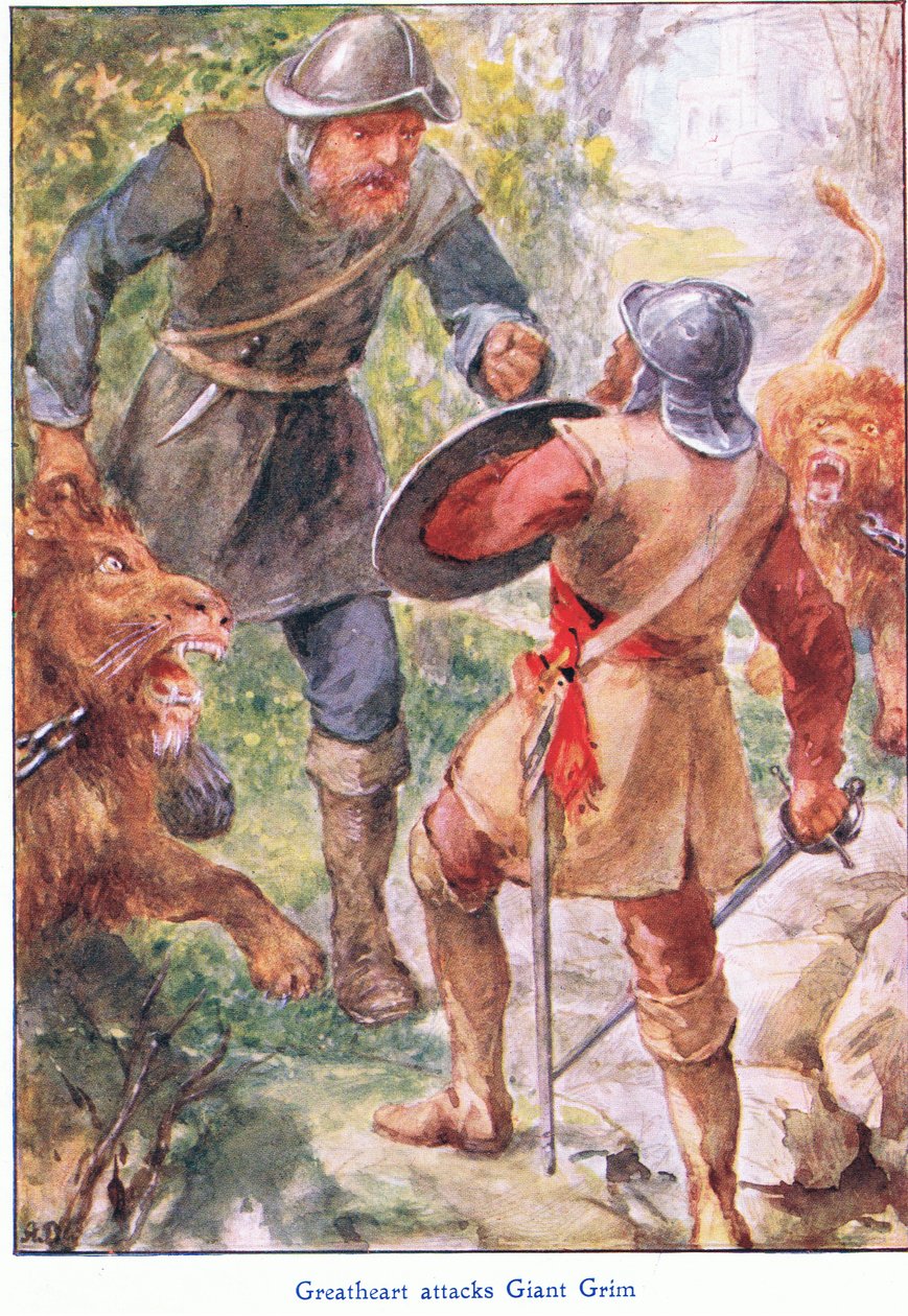 Great Heart attacks Giant Grim, John F Shaw & Co:n julkaisemasta The Pilgrims Progressista, n. 1900-luku (värilitho) tekijältä Robert Ambrose Dudley
