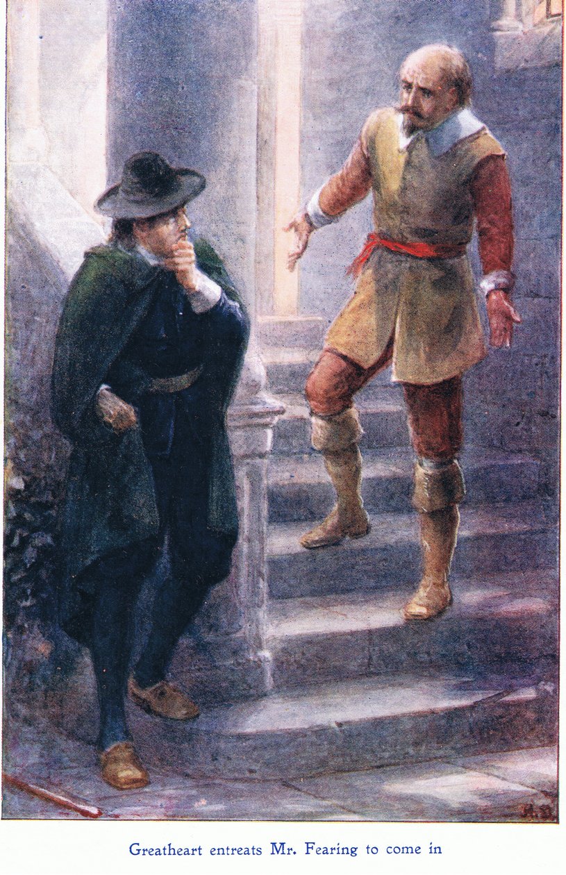 Great Heart rukoilee herra Fearingia tulemaan sisään, John F Shaw & Co:n julkaisemasta The Pilgrims Progressista, noin 1900-luku (värilitho) tekijältä Robert Ambrose Dudley
