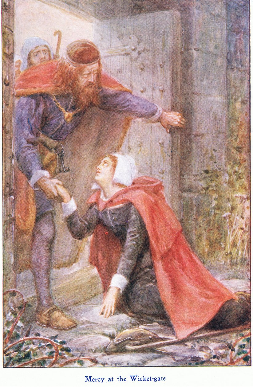 Mercy at the Wicker Gate, The Pilgrims Progressista, julkaisija John F Shaw & Co, noin 1900-luku (värilitho) tekijältä Robert Ambrose Dudley