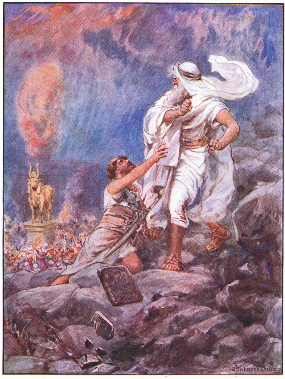 Mooses tuhoaa kultaisen vasikan (väri litho) tekijältä Robert Ambrose Dudley