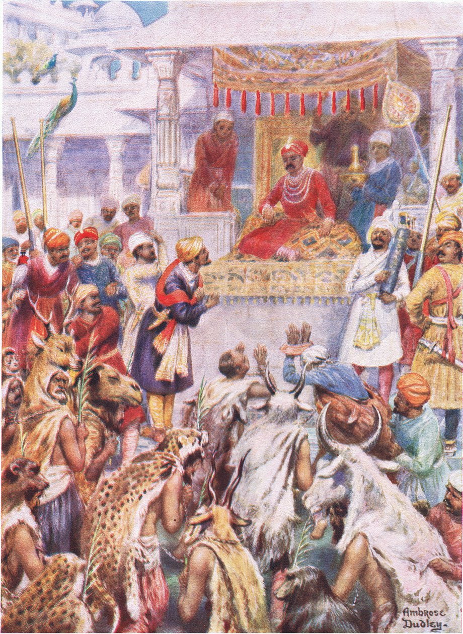 Khan Jahan näyttää Akbarille ruhtinaallisia vankejaan (värilitho) tekijältä Robert Ambrose Dudley