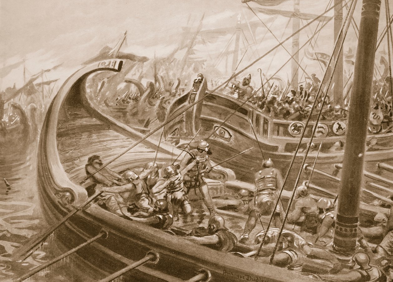 Phocaenin laivasto voittaa kartagolaiset, esimerkki Hutchinsonin kansojen historiasta, n. 1910-15 (litho) tekijältä Robert Ambrose Dudley