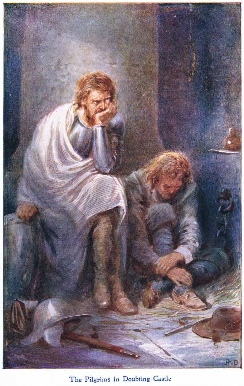 Pilgrims in Doubting Castle, John F Shaw & Co:n julkaisemasta The Pilgrims Progressista, noin 1900-luku (värilitho) tekijältä Robert Ambrose Dudley