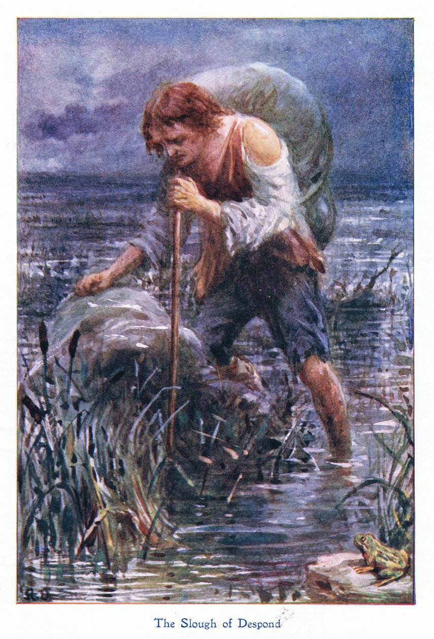 The Slough of Despond, The Pilgrims Progress, jonka on julkaissut John F Shaw & Co, noin 1900-luku (värilitho) tekijältä Robert Ambrose Dudley