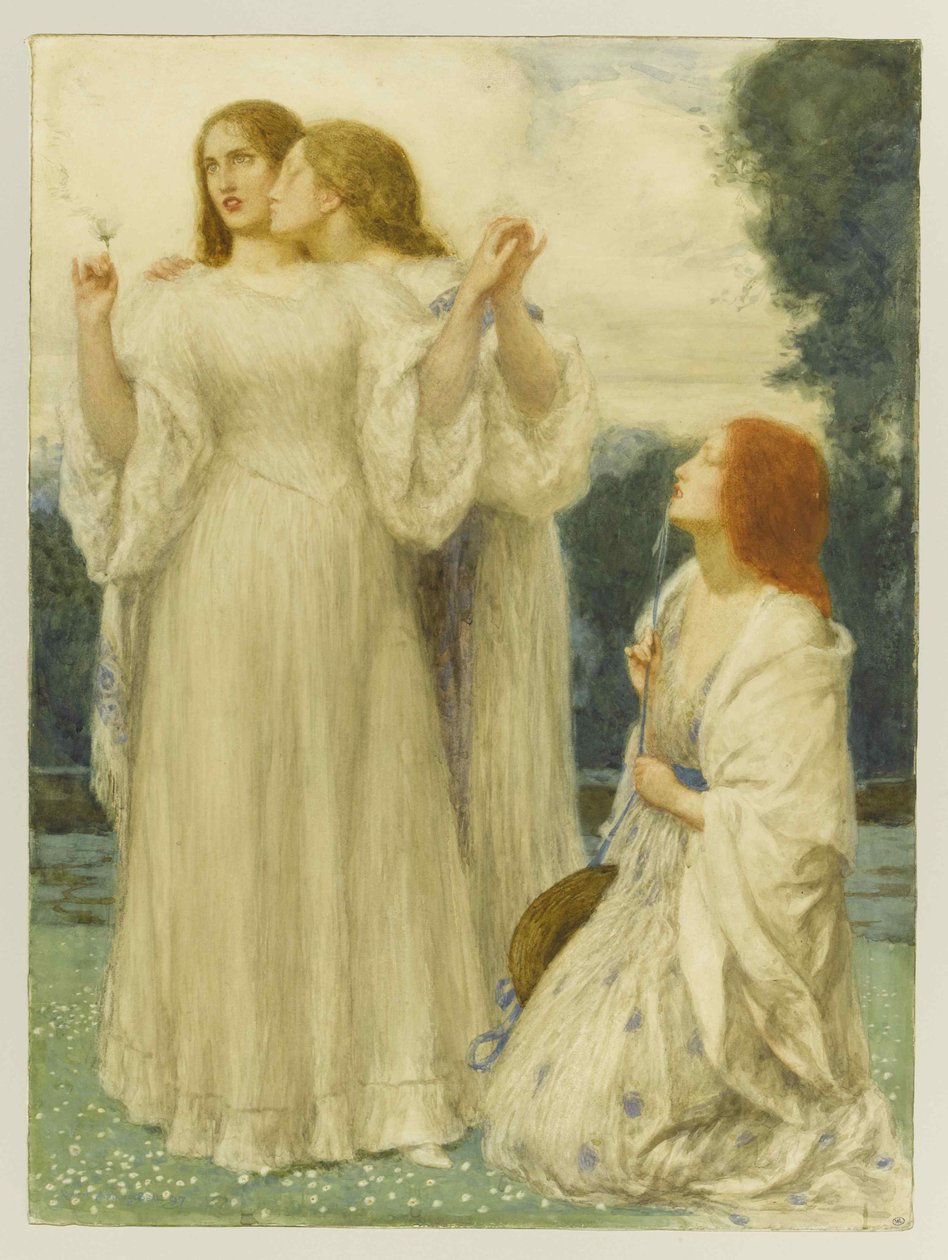 Oraakkeli: Kolme nuorta naista puistossa, 1897. tekijältä Robert Anning Bell
