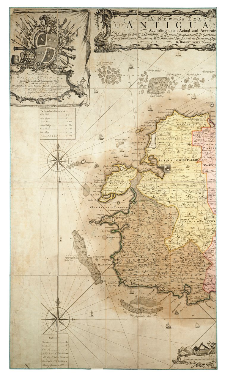 Uusi ja tarkka kartta Antiguan saaresta Amerikassa vuosina 1746-1748 tehdyn kartoituksen mukaan, noin 1749 (värillinen kaiverrus). tekijältä Robert Baker