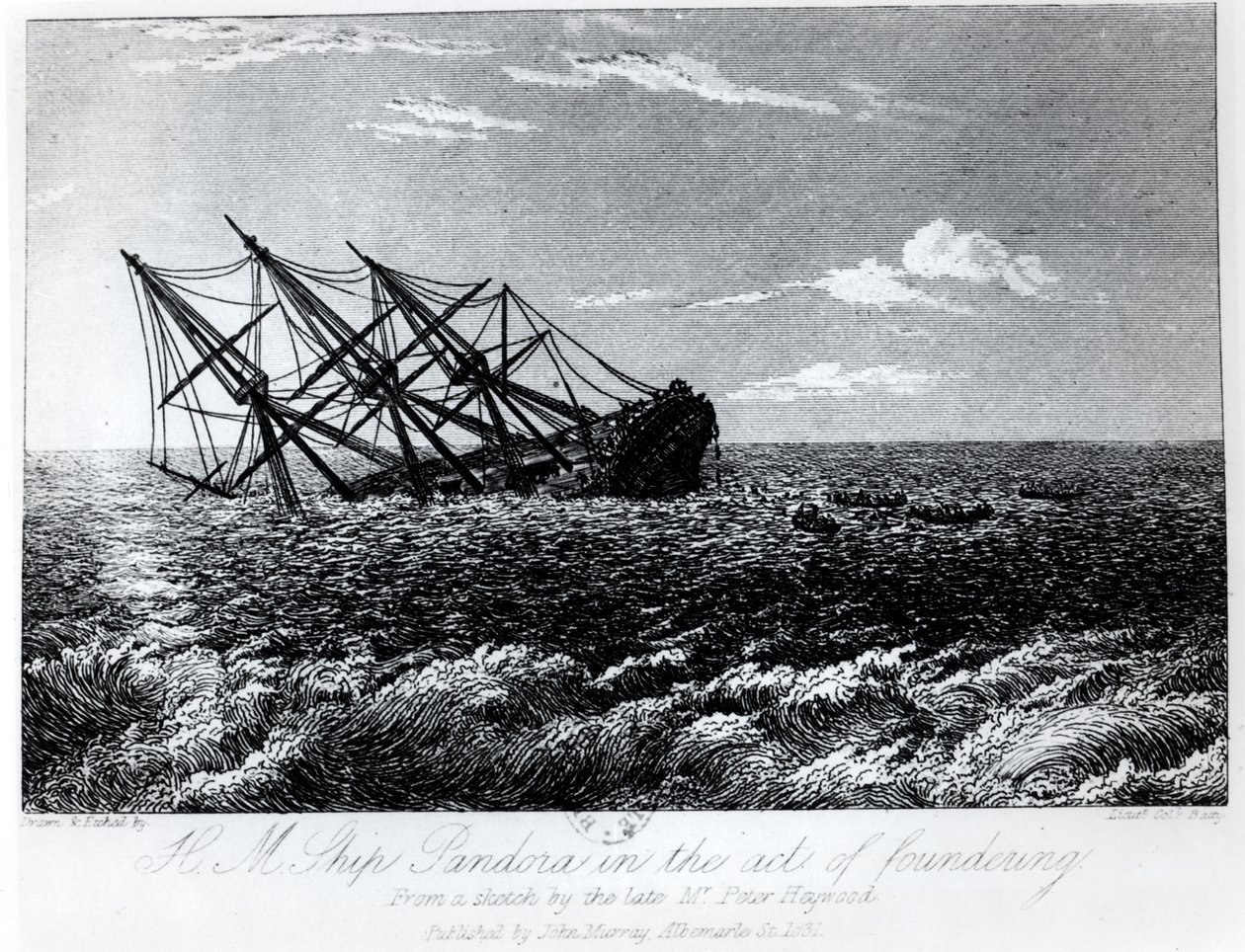H.M. Pandoran perustaminen teoksesta The Eventful History of the Mutiny and Piratical Seifure of H.M.S. Bounty: sen syy ja seuraukset, John Barrow, julkaissut John Murray vuonna 1835 tekijältä Robert Batty