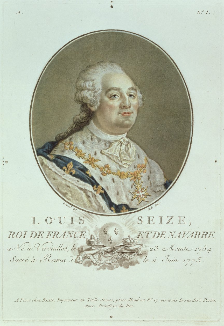 Ludvig XVI:n (1754-93) muotokuva teoksesta "Portraits des Grands Hommes Illustres", kaivertaja Ride (käsin väritetty kaiverrus). tekijältä Robert Benard