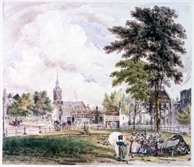 Islington Green: Näkymä kohti kirkkoa (tulostus) tekijältä Robert Blemell Schnebbelie