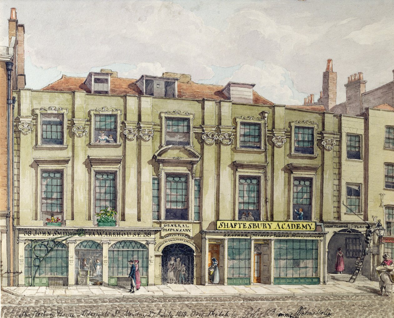 Shaftesbury House, Aldersgate Street, Lontoo, 1819 (wc-luonnos) tekijältä Robert Blemell Schnebbelie