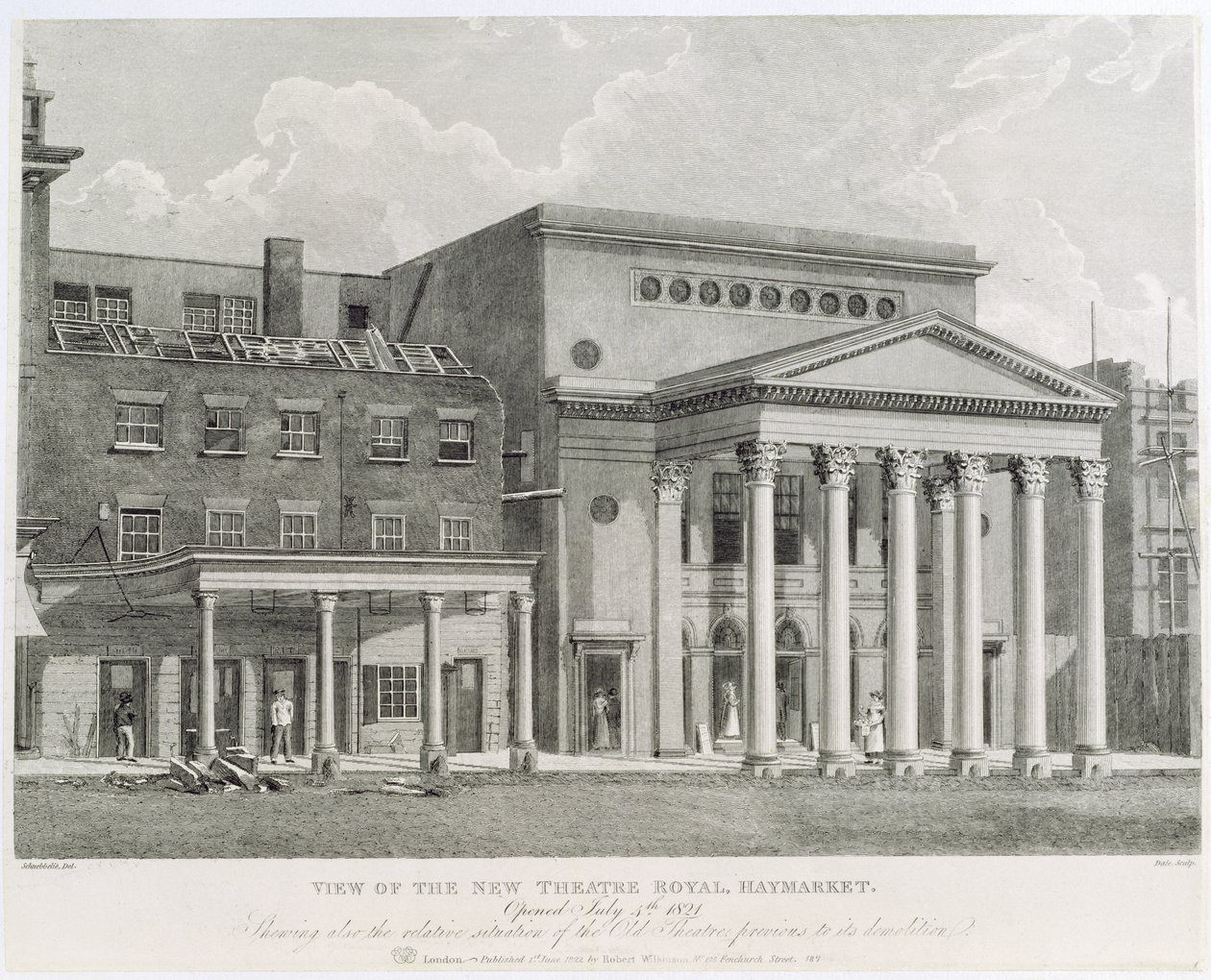 Näkymä New Theatre Royalista, Haymarket, avattiin 4. heinäkuuta 1821, jossa näkyy myös vanhan teatterin suhteellinen tilanne ennen sen purkamista, kaiverrus Dale, 1822 tekijältä Robert Blemell Schnebbelie