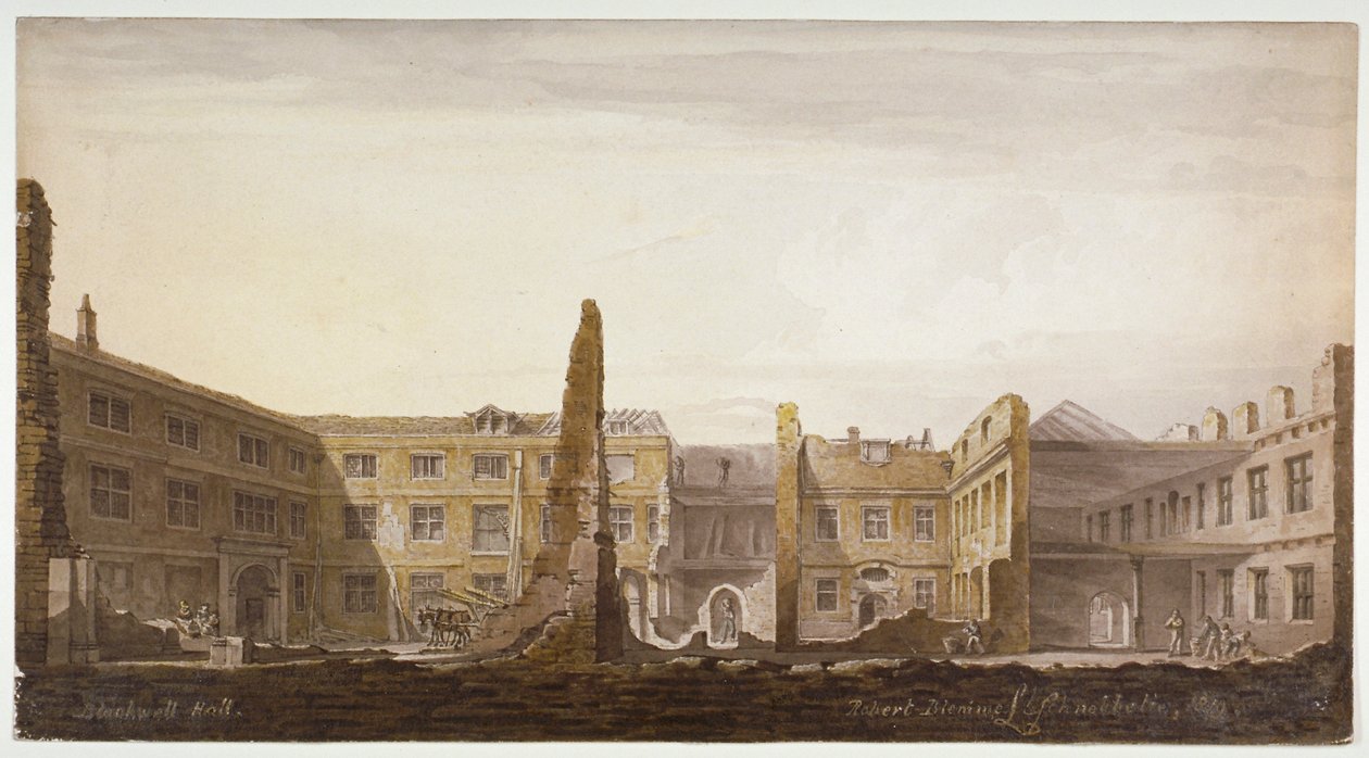 Blackwell Hall purkuvaiheessa, Lontoon kaupunki, 1819 tekijältä Robert Blemmell Schnebbelie