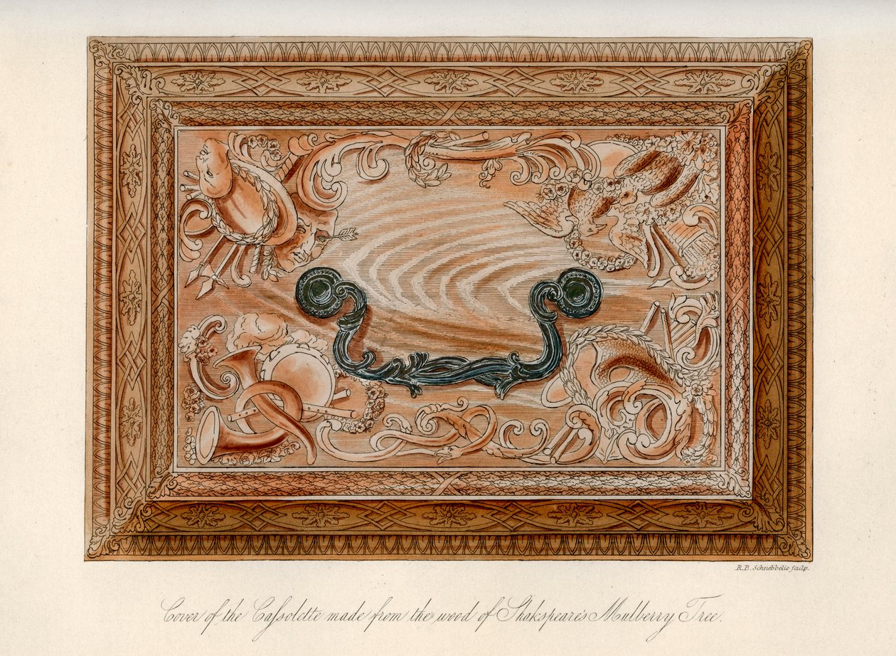 Shakespearen mulperipuusta valmistettu veistetty kasetti, 1700-luku, 1840 tekijältä Robert Blemmell Schnebbelie
