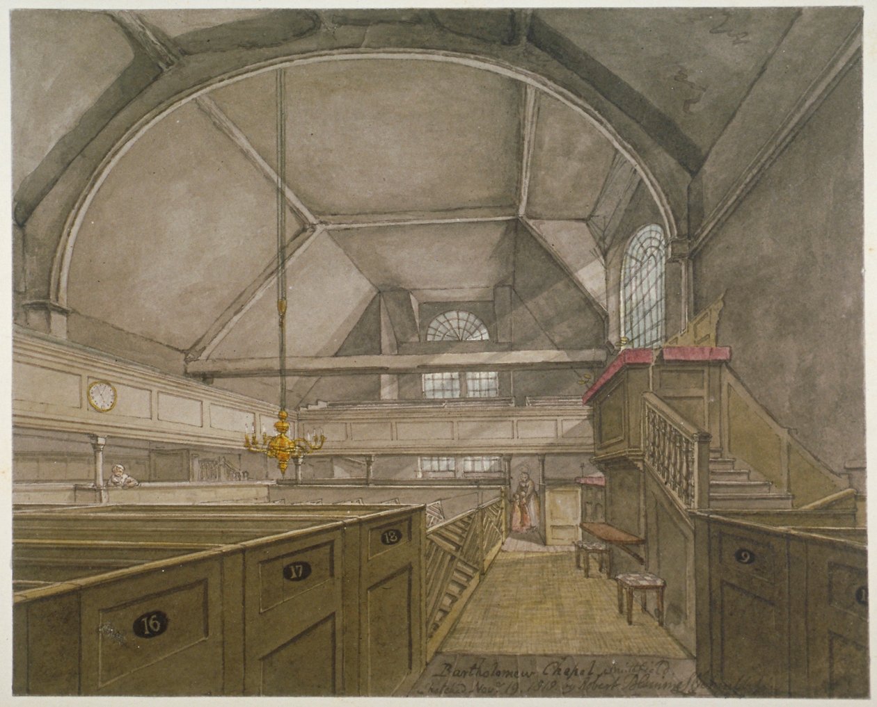 Kappelin sisustus St Bartholomew-the-Greatin kirkossa Smithfieldissä, Lontoon kaupungissa, 1818 tekijältä Robert Blemmell Schnebbelie