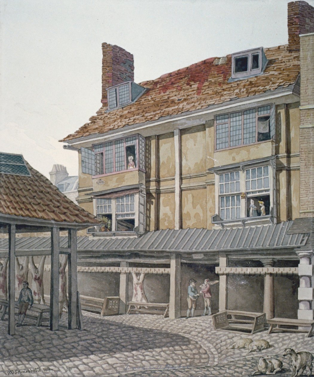 Leadenhall Market, Lontoon kaupunki, 1814. tekijältä Robert Blemmell Schnebbelie